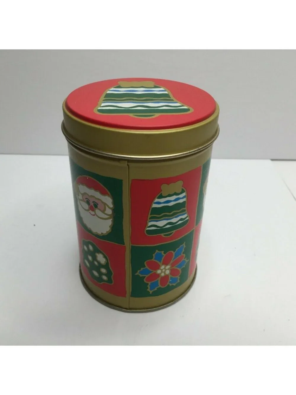 Christmas Holiday Cylinder Cookie Candy Present Tin Gift Giving Santa Bell